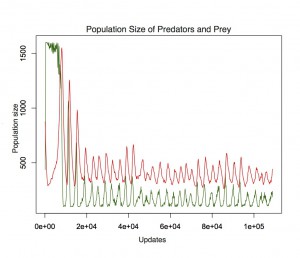 Lotka-Volterra oscillations of predator (red) and prey (green) populations in our simulated environment. Note that the oscillations are slightly offset. Predator populations are initially large but drop quickly until they learn to hunt and reproduce. Prey populations are maintained at a minimum of 100 to prevent extinction.