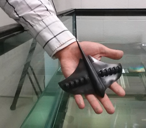 A 3D-printed stingray-like soft robot for tethered actuation in underwater environments.