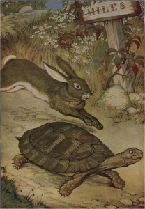 Similar to the Aesop's fable of the Tortoise and the Hare, more structured populations begin adapting more slowly, but can ultimately outpace less structured populations in the long run. Image attribution Project Gutenberg.
