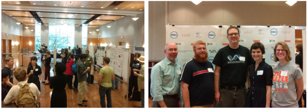 Figure 2. The Poster Session. Left: The poster session took place in a lovely ballroom. Right: The symposium ended with a postdoc and graduate student poster award presentation. L-R: Dr. Scott Hunicke-Smith, BEACONite Dr. Daniel Deatherage (postdoc winner), BEACONite Dr. Hans Hofmann, Claire McWhite (grad student winner), and BEACONite Rayna Harris.